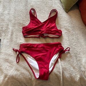 Red two piece swim suit